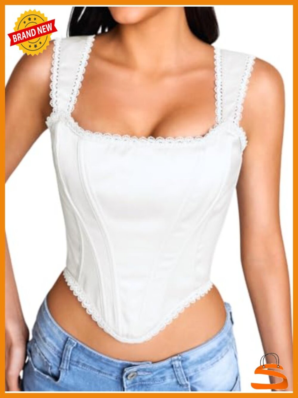 Satin Corset Bustier Top, Square Neck Lace Trim, Renaissance Fairy Outfit